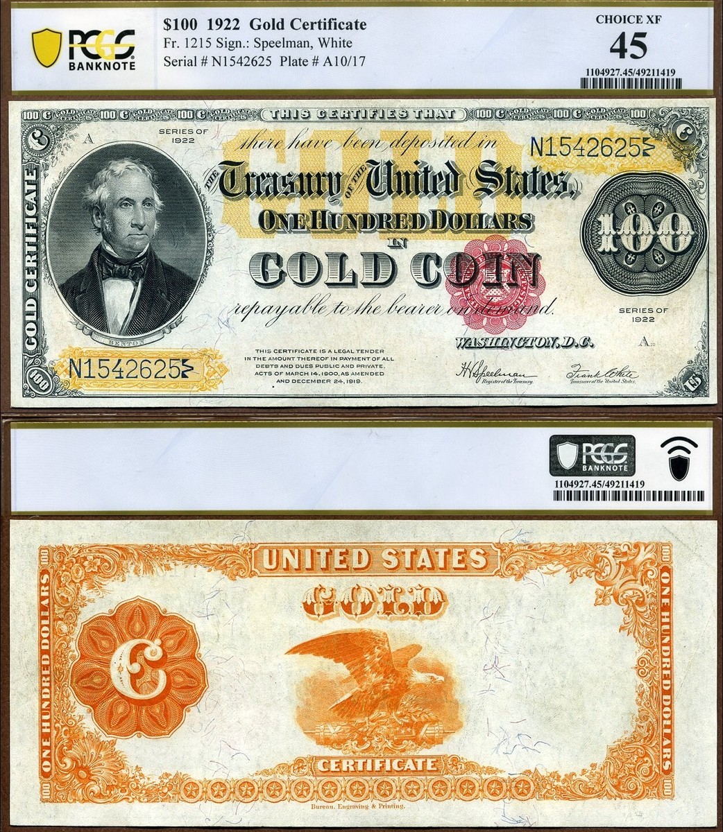 1922 $100 Gold Certificate FR-1215 PCGS Graded Choice XF45