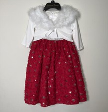Girls Holiday Party Dress Red Floral Sparkle Faux Fur Size 5 American Princess