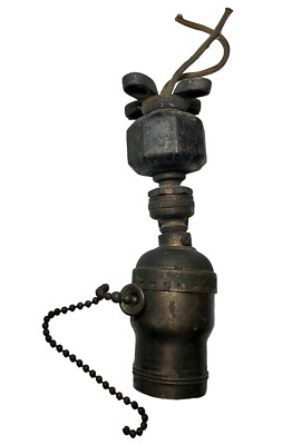Antique Brass & Cast Iron Arrow Socket Pull Chain Deco Light Fixture Ball Swivel