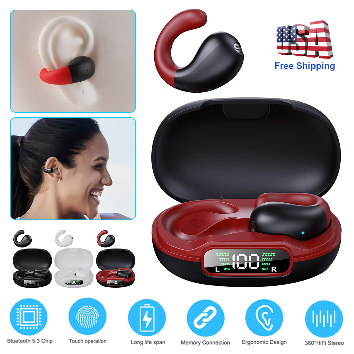Bluetooth Earbuds Headset 5.3 Wireless Noise Cancelling Earphones Charging Case-image