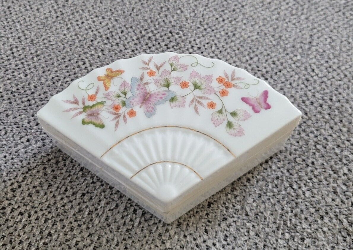 Vintage 1980 Avon Porcelain Trinket Box with Floral Butterfly Design for Keepsakes and Decoration