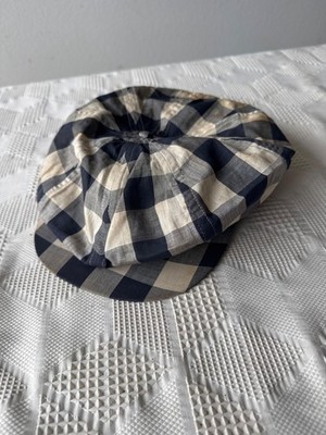 Vintage Navy Beige Checkered Gingham Newsboy or Golf Cap w Button Snap Brim