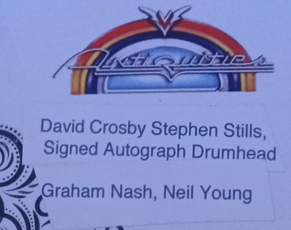 Cabezal de batería firmado David Crosby, S. Stills Graham Nash y Neil Young los 4 con certificado de autenticidad Foto 2 de 3