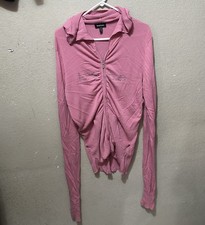 Bebe Pink Rhinestone Logo Zip Up Hoodie Sweater Y2K Ribbed Knit Vintage LARGE