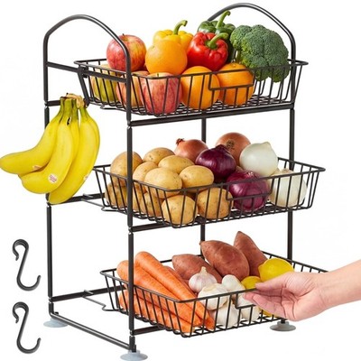 3 Tier Fruit Basket with 2 Banana Hangers, Detachable Countertop Fruit Vegeta...