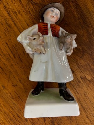 HEREND, PIG STEALER 7.2'', ARTIST SIGNED HANDPAINTED PORCELAIN FIGURINE
