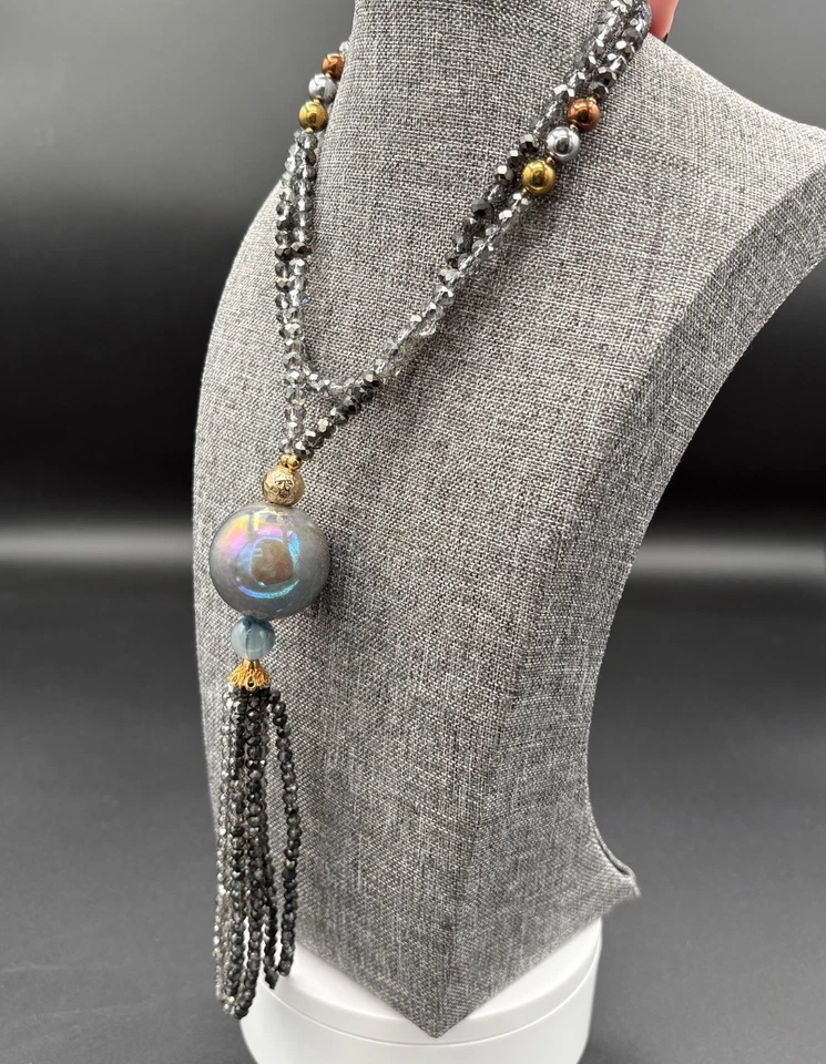 Длинный серый граненый бусина ожерелье переливающийся мяч подвеска кисточки - Изображение 3 из 3