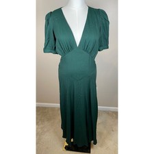 Reformation Naira Puff Sleeve Deep V Neckline Forest Green Midi Dress Size 12