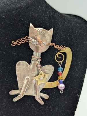 Vintage Mixed Metals Pilgrim Imports Sly Cat Pin Brooch Thailand Smiling Cat 3''