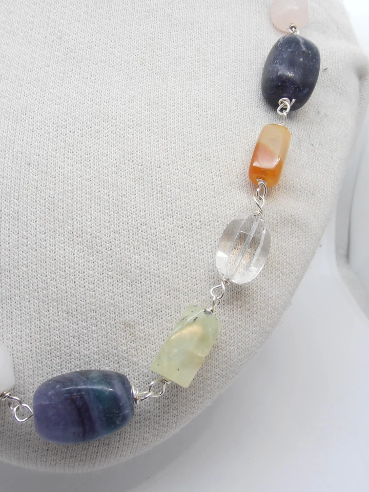 Collana in Argento 925 e Pietre Dure Naturali - Girocollo Fluorite Agata Quarzo - Immagine 3 di 4