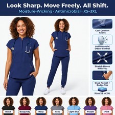 Women Medical Scrub Top Mandarin Collar Kangaroo Pocket Stretch Nursing XS-3XL