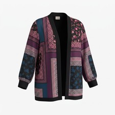 Chico's Patchwork Floral Open Front Jacket 2 L XL Purple Blue Boho Artsy Kimono