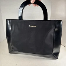 Vintage Esprit Top Handle Bag Black Satin/Vinyl w/ Double Plastic Handles GUC