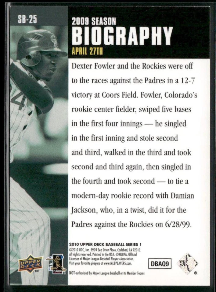 2010 Upper Deck #SB-25 Dexter Fowler Season Biography - Image 2 of 2