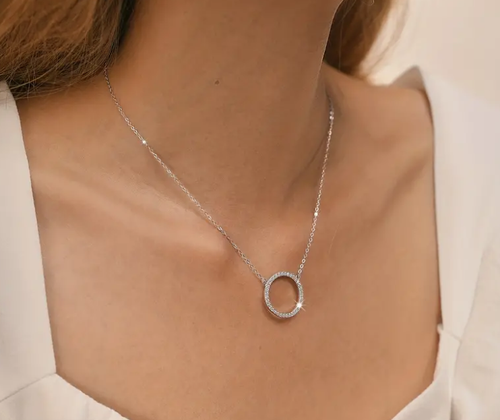Collana con ciondolo zirconi cerchio cavo minimalista argento sterling 925 grande 0,1 oz - Foto 2 di 4