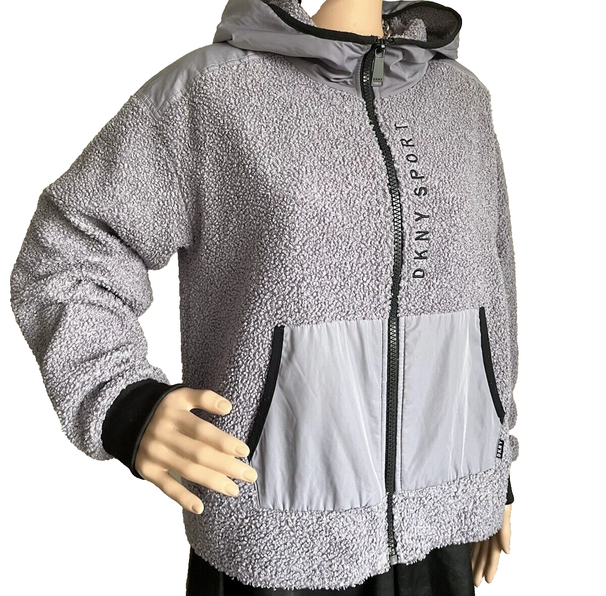 DKNY Women Sport Hooded Jacket S Lavender Purple Full Zip Pockets Black Trim