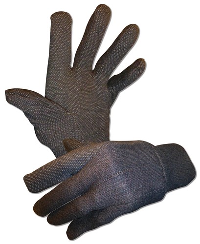 3 Paar braune Herren-Trikot-Arbeitshandschuhe, PVC-Griffpunkte an Handfläche & Zeigefinger