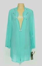 NEW Women's Chiffon Blouse-Tunic Turquoise Knee Length Rhinestones SZ 14/16