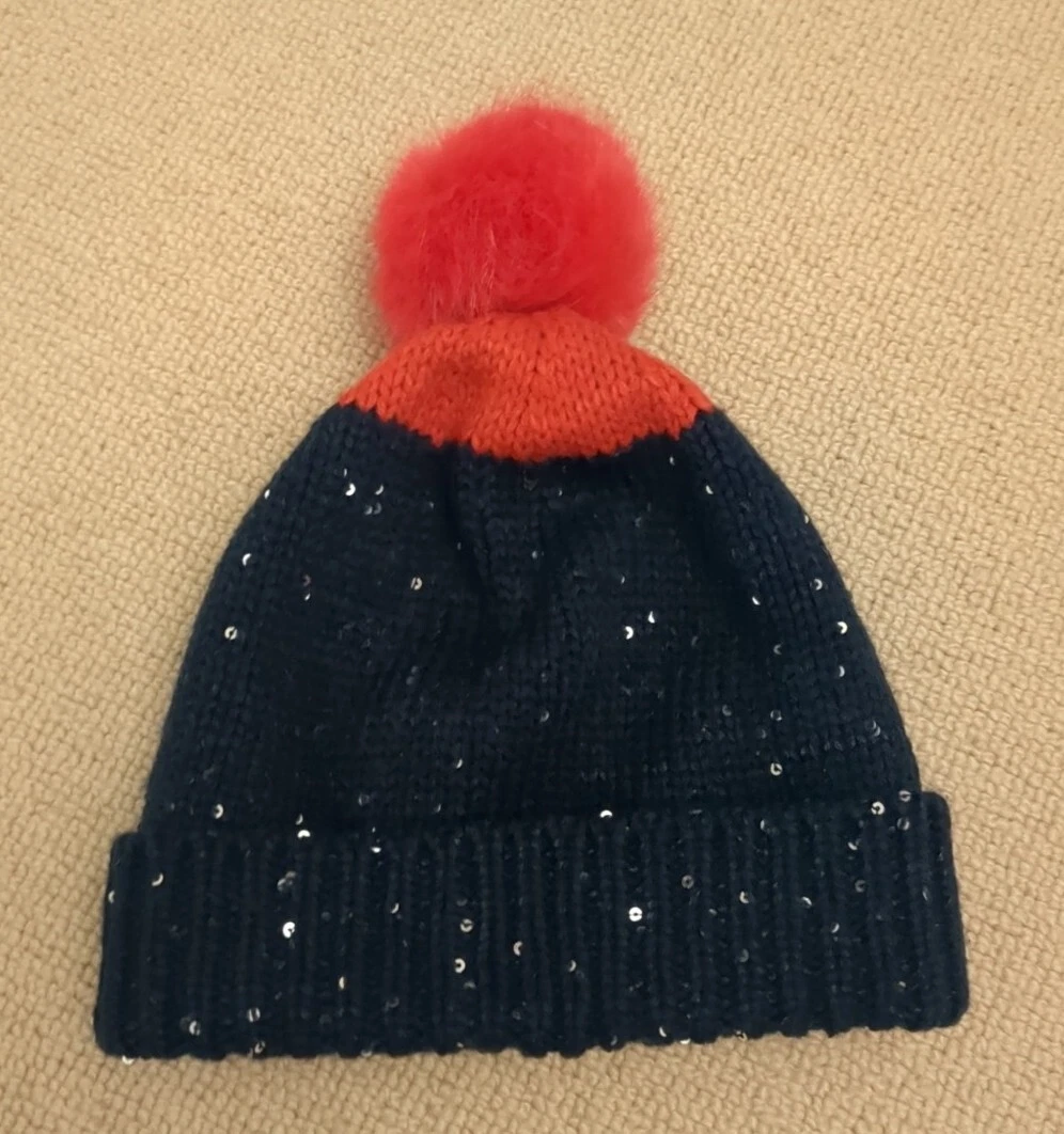 Joules Girls Bobble Hat Christmas Pom Pom 8 12 Years Navy Pink Sequins
