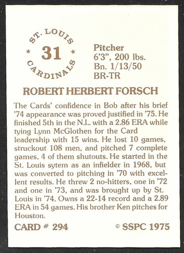 1975-1976 SSPC #294 Bob Forsch ST LOUIS CARDINALS NM+ A - Bild 2 von 2