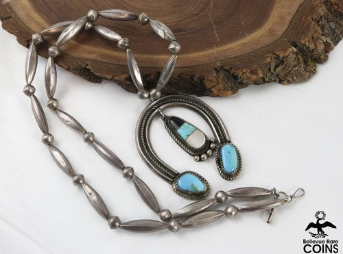 Native Southwestern Silver Turquoise Onyx & MoP Inlay Squash Blossom Necklace - Picture 3 of 5