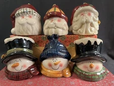 Fabulous Set of 6 Ceramic Christmas Ornaments - Santa & Snowman Heads