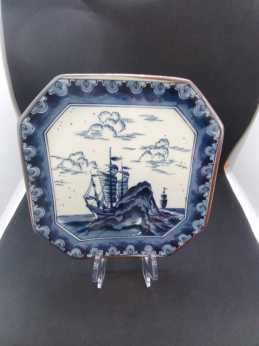 8Vintage Octagonal Ceramic Asian Nautical Blue White Plates