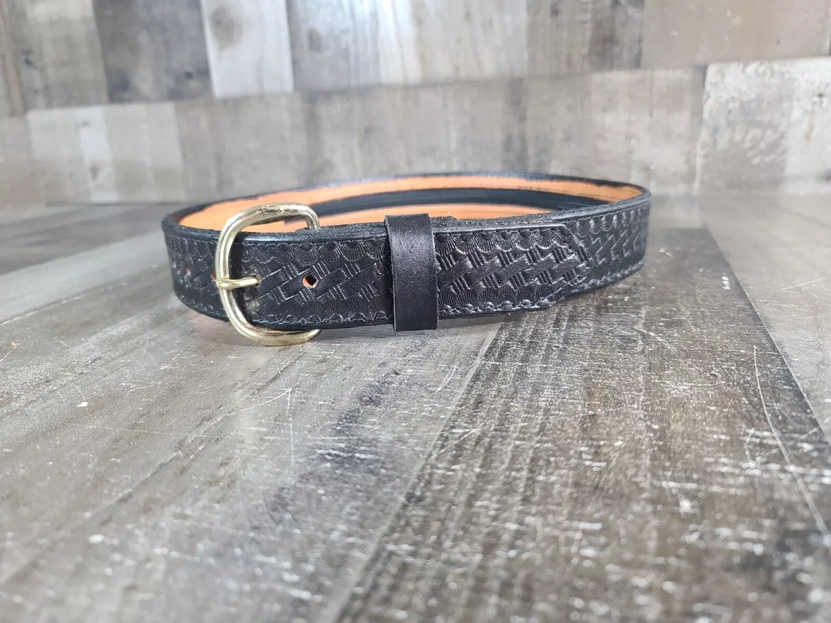 BLACK Leather Belt Basket Weave Gold Buckle Hand Tooled SIZE 30