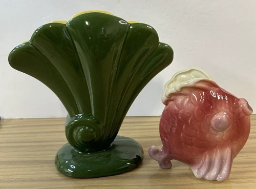 VTG, Red Wing Green Fan Vase and Fish Vase/Planter, Set of 2