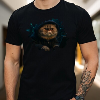 T-Shirt Herren Hacker Katze Motiv Baumwolle Größe S bis 5XL