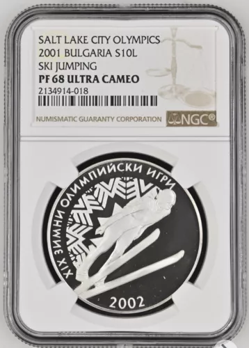 Bulgaria 2001 10 leva Winter Olympic Games Ski Jumper PF68 NGC silver POP 2/4