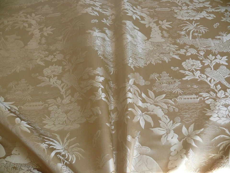 POR YD 100% SEDA CHINOISERY MÚSICA JARDÍN TOCADOR "ORO BLANCO" ¡EXCELENTE! Precio de venta sugerido por el fabricante USD319/Y Foto 2 de 4