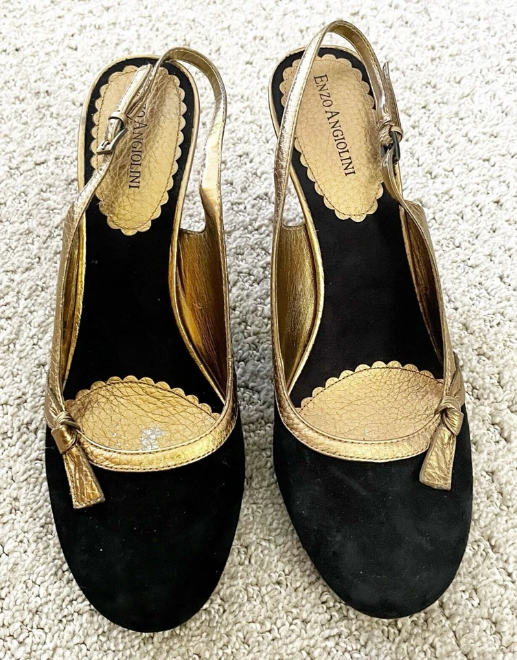 Salto Enzo Angiolini preto camurça couro slingback tamanho 9.5 bomba ouro arco metálico - Imagem 2 de 4