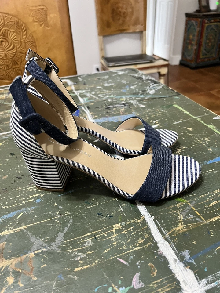 Sandalias de lavandería chinas CL 8,5 azul blanco a rayas tacón bloque punta abierta náuticas Foto 4 de 4