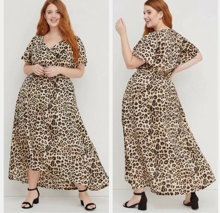 Beauticurve Lane Bryant 20 Dress Leopard Print Flutter Sleeve High Low Lined NWT