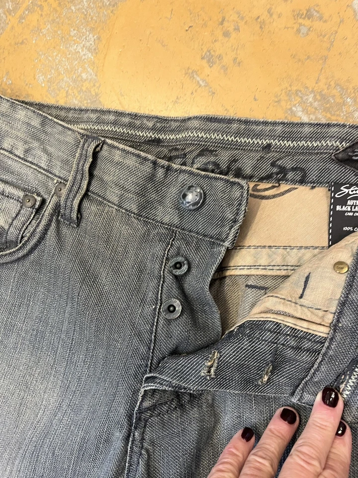 Jeans STITCH'S Auténticos Etiqueta Negra Denim Botón Mosca Gris Índigo Talla 34x30 Foto 3 de 4
