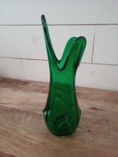 Vintage 3 Finger MCM Murano 11  Emerald Green Dimpled Swung Vase Stunning