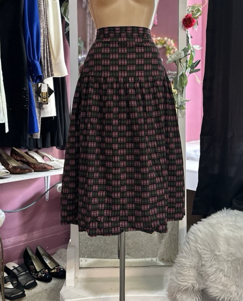 Saia Vintage Anos 40 Rosa Verde Feito à Mão Algodão Longa Midi Art Deco Cintura Gota P/M - Imagem 2 de 4