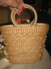 NWT Handcrafted Small Straw Raffia Bag Tote with Pearl Appliqu