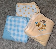 Baby Bath Bee Floral Blue Plaid Hooded Unisex Soft Towels Set Of 3