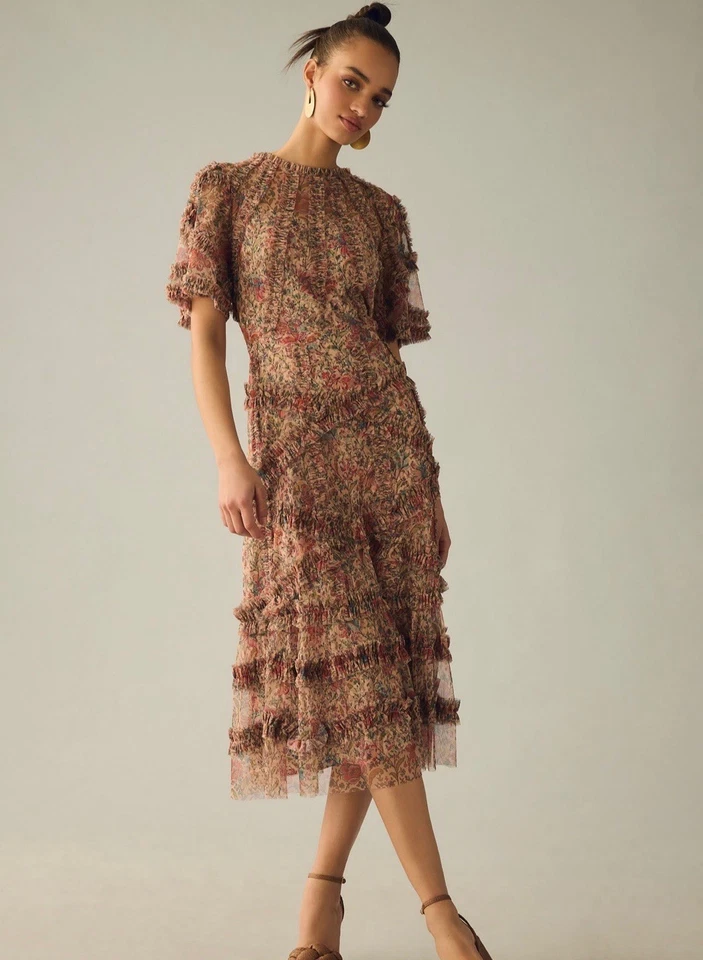 Anthropologie Mac Duggal Short-Sleeve Tulle Midi Dress 16 NWT Floral Very HTF - Image 2 of 4