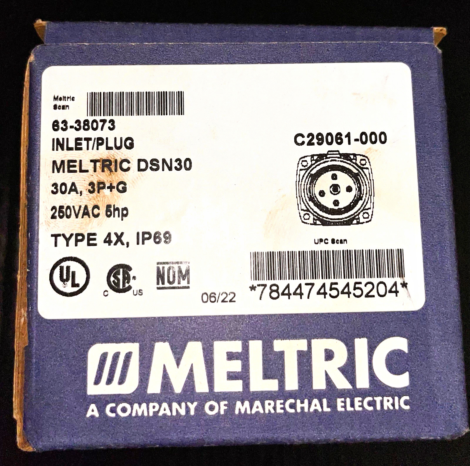 Meltric 63-38073 DSN30 Inlet 30A 250VAC 3P+G NEMA 4X IP69 New