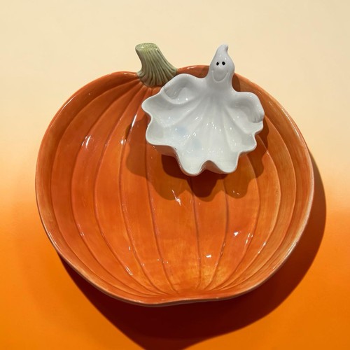 Vintage 80s Fitz & Floyd Halloween Pumpkin Chip & Dip Plate 12" X 12" Ceramic