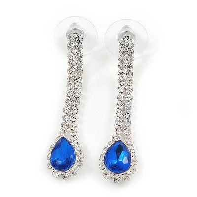 Braut/Abschlussball/Hochzeit klar/saphirblau Kristall Träne Ohrringe in Silber
