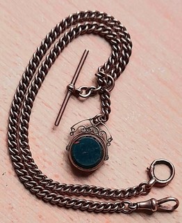 Antique 9 ct Gold Albert Curb Chain & Carnelian & Bloodstone Swivel Fob