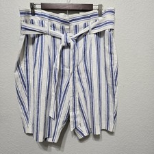 Boden Striped Linen Blend High Waisted Paperbag Shorts Blue and White Size 12
