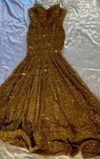 Gold Sequin Mermaid Formal Dress Sleeveless V-Neck Lace-Up Long Size S