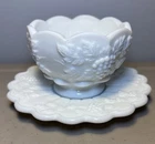 Vintage Westmoreland Paneled Grape Milk Glass Condiment Bowl & Underplate