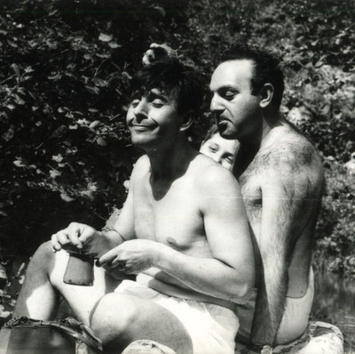 Vintage Photo Shirtless Man Making Coffee Outdoors Handsome Men Briefs Underwear