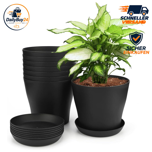 BlumentöPfe 14Cm Kunststoff Set 8 StüCk Mit Untersetzer FüR Pflanzen Schwarz-image